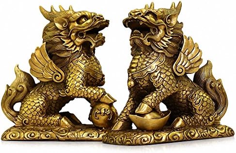 Feng Shui Set of Two Golden Brass Chi Lin/Kylin Wealth Prosperity Statue + Set of 10 Lucky Charm Ancient Coins on Red String , Home Decoration Attract Wealth and Good Luck (2.3"L x 1"W x 2.5"H)