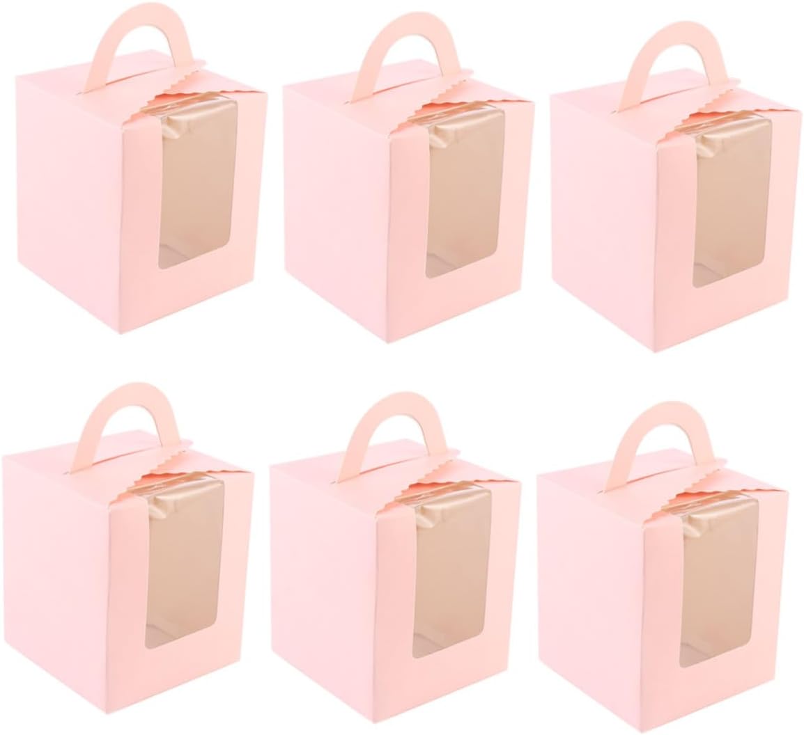 CHILDWEET 50pcs Pink Single Cupcake Box with Handle and Window, Food Packaging Paper Cake Container for Muffin Storage and Party Dessert Carrying