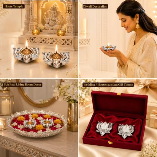 Image of Diviniti 999 Silver Plated Lotus Diya Set of 2 with Luxury Gift Box|Decorative Lotus Oil Lamp for Pooja Room, Home Temple & Diwali Decoration|Silver Finish Antique Diya for Gifting & Spiritual Decor