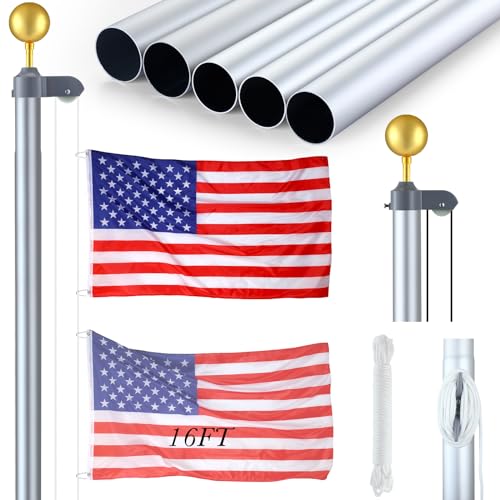 FuWeave Flagpoles for Outside House in Ground 16 ft Sectional Flag Pole Kit Extra Thick 16 Gauge Heavy Duty Aluminum Flag Pole with Gold Ball Top for Residential or Commercial (Silver)