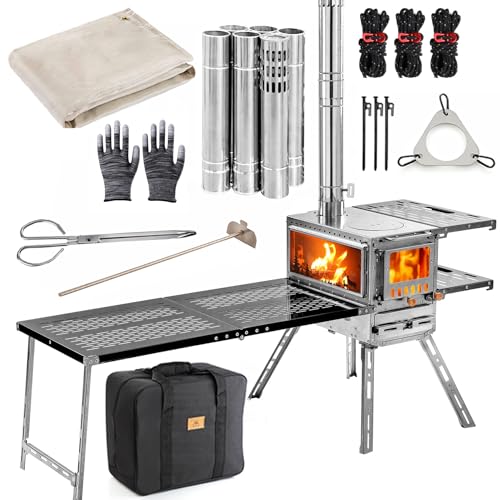 M6 Wood Burning Stove with Oven and Folding Camping Table, Stainless Steel Portable Hot Tent Stove with Six Chimneys and Vents for Outdoor