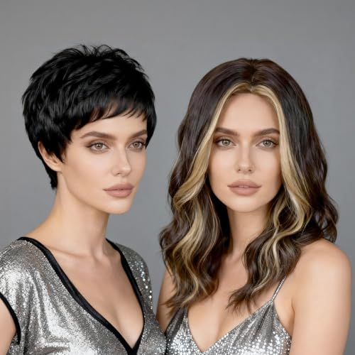 2Pc 6-inch and 26-inch Synthetic Hair Wig, Pixie Cut and