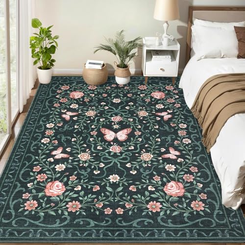 Tapete Floral Antideslizante Lavable 5x7 Negro miniatura 2