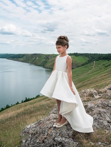 GZCYL High Low Pageant Dresses for Girls Satin Elegant Flower Girl Dress White Communion Ball Gowns3