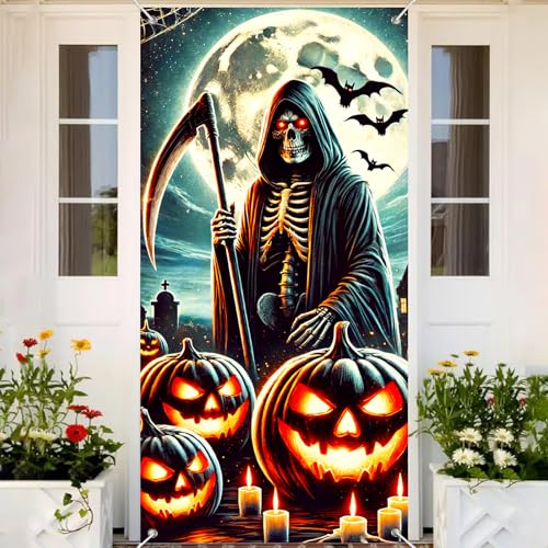 Image of BlissYard Halloween Door Cover Grim Reaper Bats 35x71 Inch Polyester | Door Banner, Wall Hanging | Grim Reaper Entry Decor, Bats Party Backdrop | Porch, Hallway, Photo Area (Gothic Art)