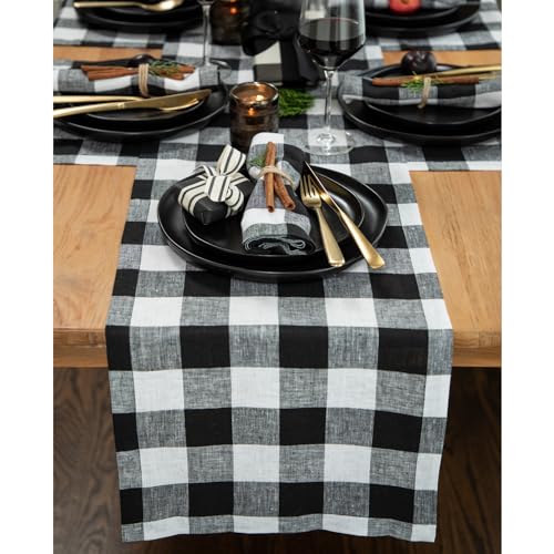 Solino Home 100% Linen Table Runner, 14 x 108 in, Black and White Check
