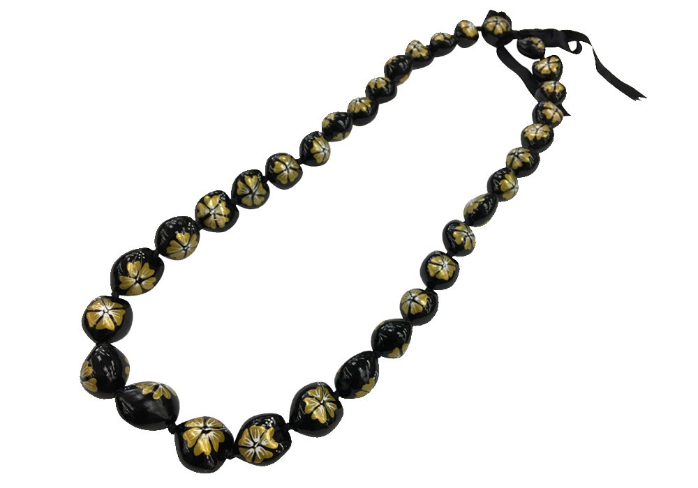 DK Hawaiian Collections Style Kukui Nut Lei Hibiscus Flower Hand Painted 33 Nuts Necklace