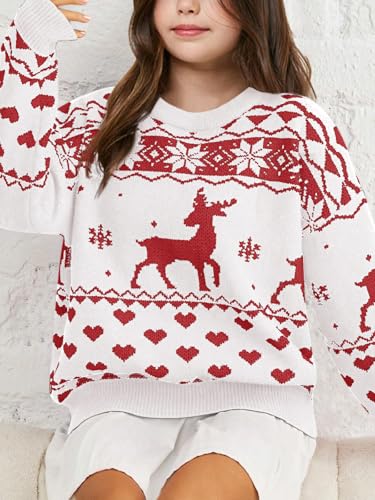 Image of Girls Christmas Pullover Sweaters Reindeer Elk Snow Long Sleeve Crew Neck Chunky Tops