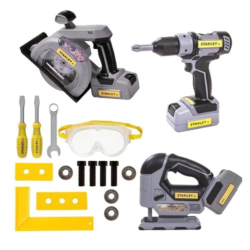 Stanley Jr. 18-Piece Kids Tool Set with Power Tools and Real Construction Tools for Pretend Play Toys or Building and Woodworking Activities