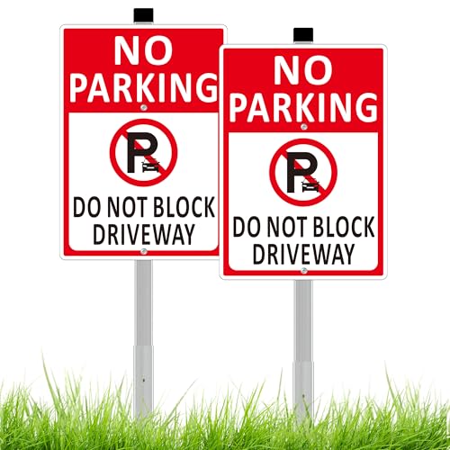 (2 Pack) No Parking Do Not Block Driveway Sign - 10x14 Inch Aluminum Metal No Parking Signs with 36 Long Stake Rust-Proof Weather Resistant and Pre-Drilled Holes for Easy Installation (Red)