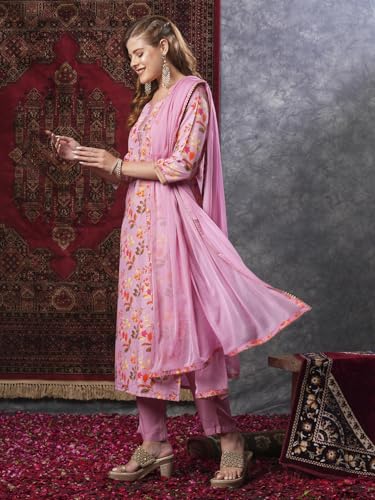 Image of GoSriKi Women's Cotton Blend Printed Straight Kurta and Pant with Dupatta Set