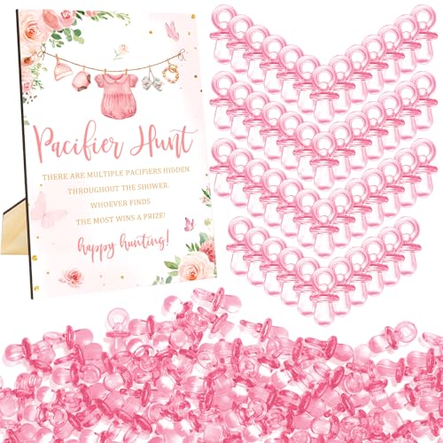 Whaline 51 Pcs Pacifier Hunt Baby Shower Game Include Pink Watercolor Flower Clothes Wooden Sign 50 Pink Plastic Pacifier for Gender Reveal Party Favor Gift Supplies