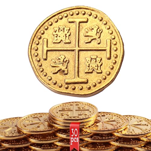 Byhoo Metal Pirate Coins, 30 Gold Treasure Coins Set, Metal Replica Spanish Doubloons, Pirate Treasure Chest Fake Coins Tokens, Realistic Money Imitation for Cosplay Toys Board Games