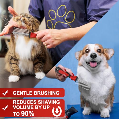 Hundekamm Edelstahl Doppelseitig – Fellkamm für Hunde & Katzen, Anti-Rutsch Griff, Entfernt Unterwolle & Verfilzungen, Sanfte Fellpflege für langes & mittleres Fell