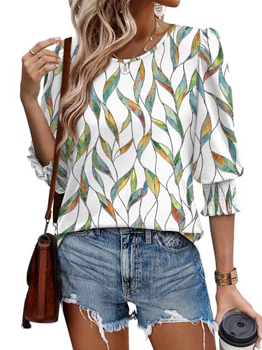Image of XIEERDUO Blouses for Women Dressy Casual 3 /4 Length Sleeve Womens Tops with Smocked Cuffs