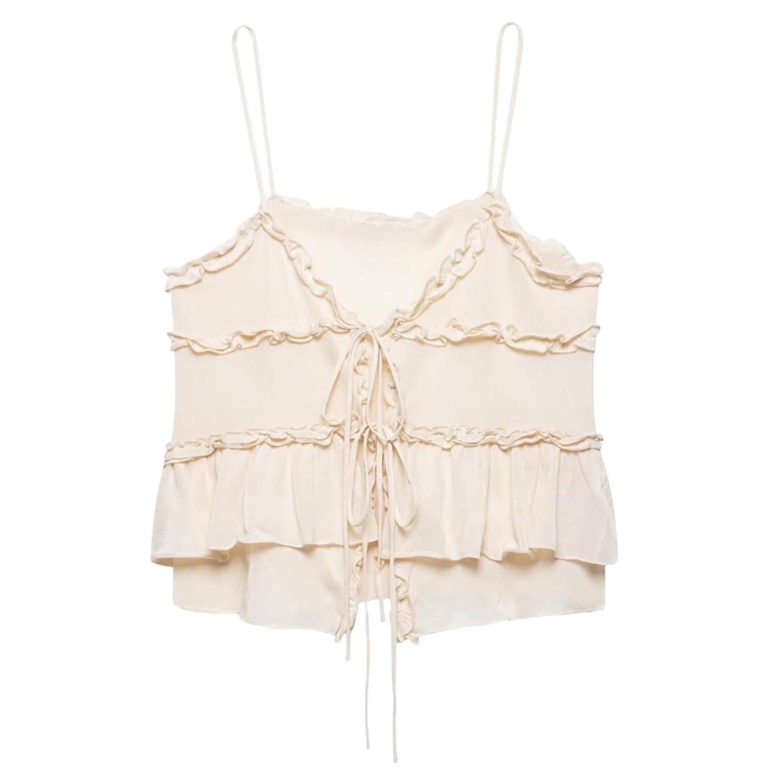 Generisch Top de verano con volantes y malla sin mangas para atar, Y2K camisola sexy de malla transparente con dobladillo con volantes