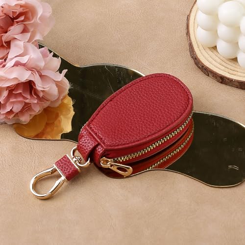 Capa de couro para chaveiro de carro com zíper, mini porta-chaves com gancho, bolsa organizadora de chaves unissex portátil para homens e mulheres, protetor de chave de carro compacto (vinho vermelho)