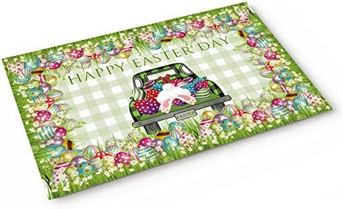 Happy Easter Doormats Rugs for Indoors, Vintage Farm Trucks Colorful Eggs Non-Slip Entrance Welcome Door Mats for Home/Bathroom/Kitchen/Bedroom Entry Way,23.6x15.7inch, Green Gingham Plaid Patterns