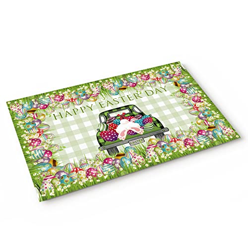 Happy Easter Doormats Rugs For Indoors, Vintage Farm Trucks Colorful Eggs Non-Slip Entrance Welcome Door Mats For Home/Bathroom/Kitchen/Bedroom Entry Way,23.6X15.7Inch, Green Gingham Plaid Patterns #TOP3
