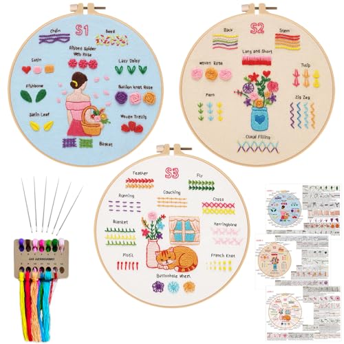 Image of Nuberlic Embroidery Kit for Beginners - 3 Pack 28 Stitches Cross Stitch Starter Set with Embroidery Hoops, Threads & Needles for Home Decor & Relaxation
