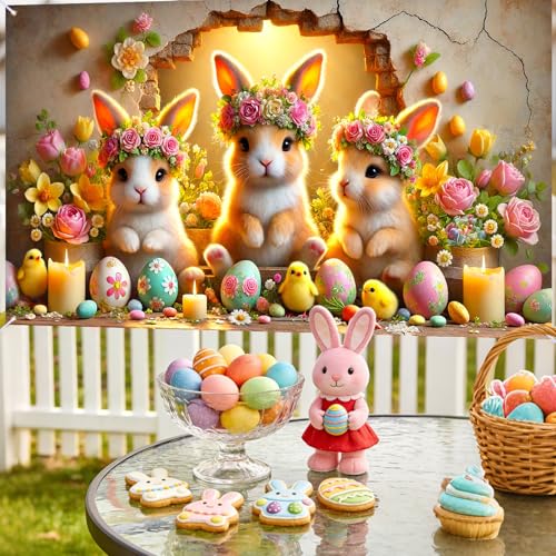 Image of Nuxovilar 43x70 inch Bunny Trio Flowers Easter Banner | Playful bunny trio and floral Easter backdrop for home decor and spring festivity.