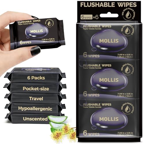 MOLLIS Flushable Travel Wipes with Witch Hazel & Vitamin E Unscented & Alcohol-Free Pocket Size Mini Packs 100% Plant-Based Safe for Sensitive Skin 6 Packs (36 Wipes Total)