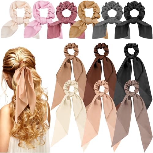 MTLEE 12 Pcs Satin Hair Scrunchies Ribbon Bow Ties Women, Dark Color