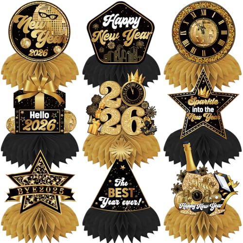 Happy New Years Decorations 2026 Honeycomb Centerpieces 9Pcs Double Sided Black and Gold New Years Table Decorations 3D Hello 2026 NYE Table Topper for New Years Eve Party Supplies Decor