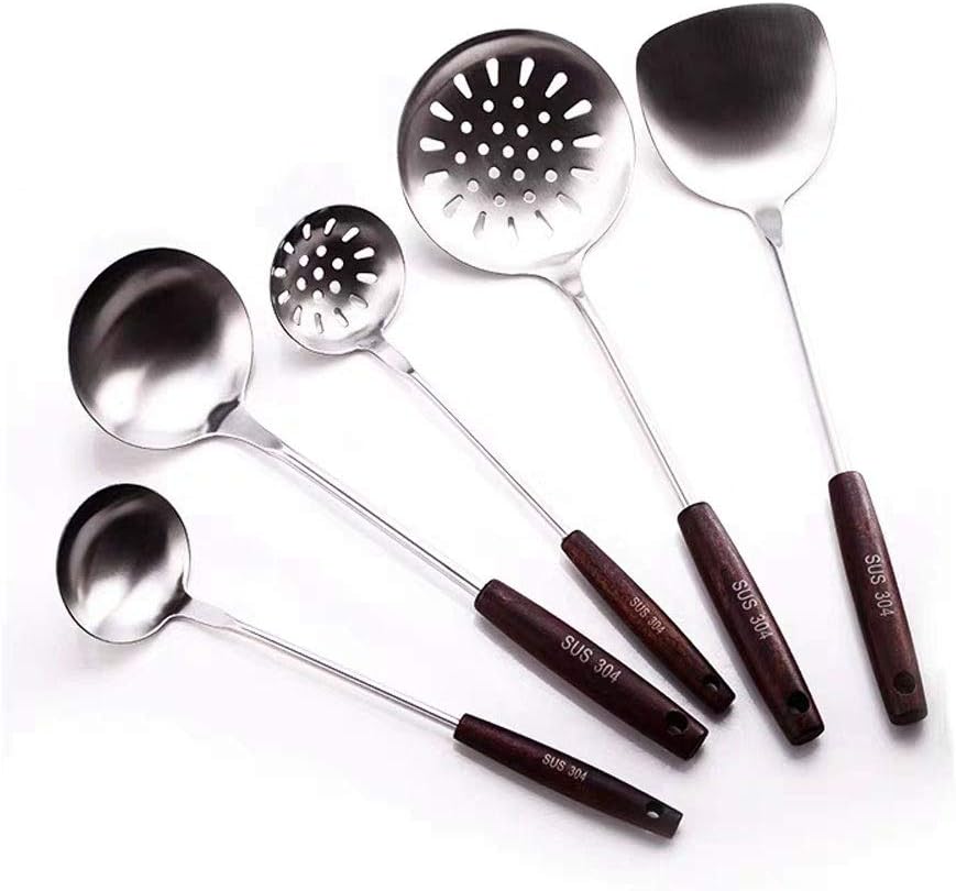 304 Stainless Steel Wooden Handle Spatula Soup Spoon Home Kitchen Cooking Shovel Set Colander Frying Shovel Factory Wholesale