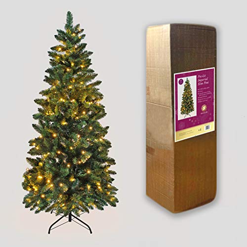 8Ft/2.4m Pre-Lit Green Christmas Tree Slim Tree Pine Narrow Xmas Tree, Pointed Tips, Metal Stand, Warm White LED Lights, Holiday Home Decorations