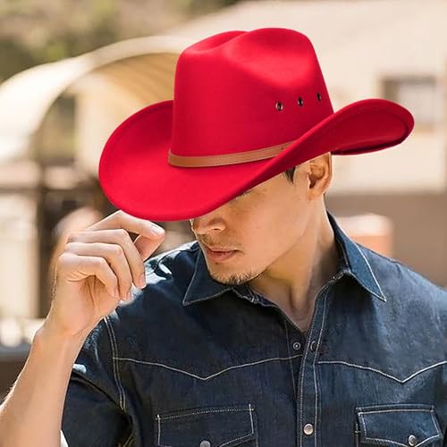 Image of DRESHOW Cowboy Hat for Women and Men Classic Western Felt Cowboy Cowgirl Hat Outdoor Wide Brim Belt Buckle Retro Fedora Hats Unisex Rolled up Caps