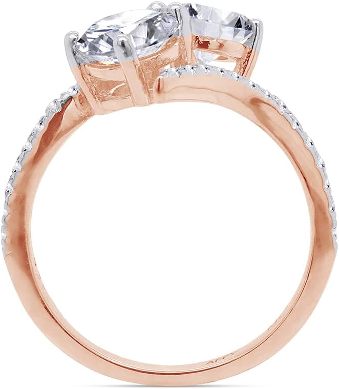 SAVEARTH DIAMONDS Two Stone Ring, 6MM Center Round Cut Sparkling White Cubic Zirconia Bypass Engagement Ring In 14k Gold Over Sterling Silver Jewelry For Women