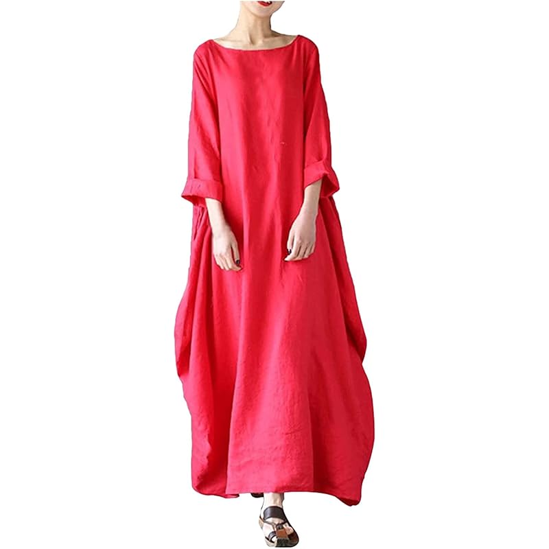 レディース シルバーピーチ レディース ワンピース ロング 部屋着 Sabwery 無地 リネン ワンピース 七分袖 ロングワンピ シンプル ナチュラル ゆったり 大きいサイズ リネン混ワンピース 体型カバー Aライン 大人 可愛い マキシワンピース リゾート ロングワンピース 上品