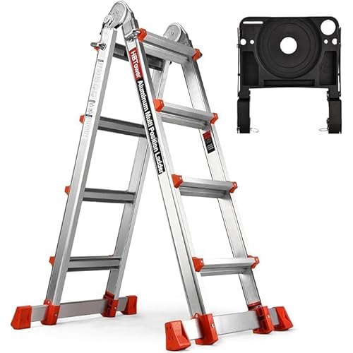 HBTower Ladder, A Frame 4 Step Extension Ladder, 14 Ft Multi Position Ladder with Removable Tool Tray and Stabilizer Bar, 330 lbs Capacity Telescoping Ladder for Household and Outdoor Work
