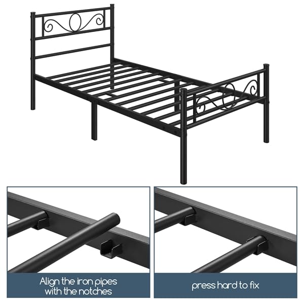 Yaheetech Set di 2 Struttura Letto Singolo in Ferro Battuto a Doghe in Metallo Stile Moderno Testiera Elegante Nero 90 x 200 cm