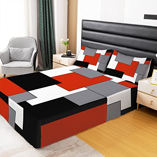 Erosebridal Red Grey White Black Bed Skirt,Teens Geometric Square Bed Skirts Queen,Youth Stripes Lines Bedskirt For Kids Boys Girls Modern Abstract Grid Wrap Around Bed Skirt With 2 Pillowcases #TOP1