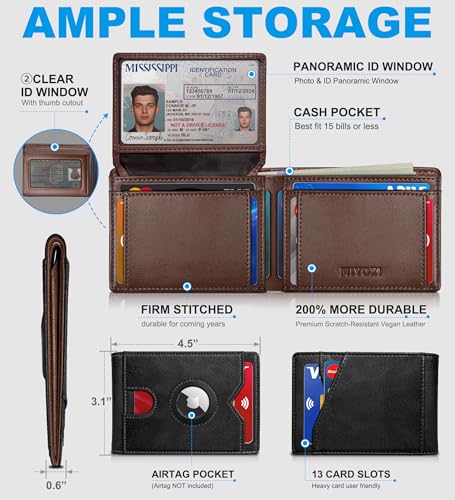 Image of miyozi AirTag Wallet for Men, Slim Leather Bifold with Holder Slot, 2 ID Windows & 13 Card Slots, RFID Blocking Front Pocket Wallet with Gift Box