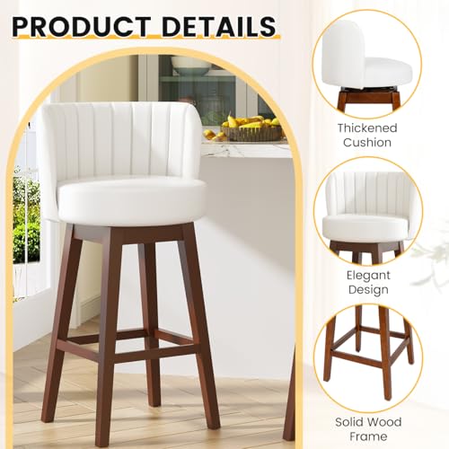 Image of COCO DESIGN Swivel Bar Stools Set of 2, 24 inch Counter Height Mid Century Modern Barstools with Back, Leather Upholstered Seat and Solid Wood Legs, for Bar Kitchen Island, Pearl White