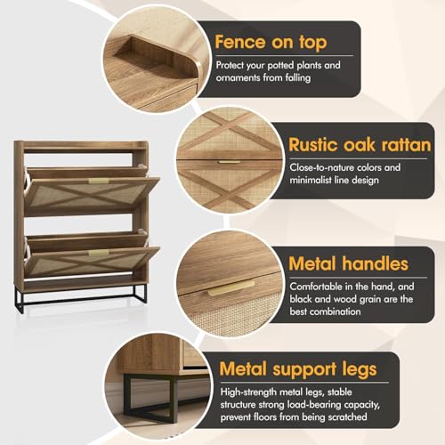 Image of The Artment your artistic apartment Raya Shoe Cabinet Modern Rattan & Wood Storage Organizer | Dual Flip-Drawers, Metal Base, Slim Entryway Shoe Rack for Hallway, Bedroom | 8-14 Pairs