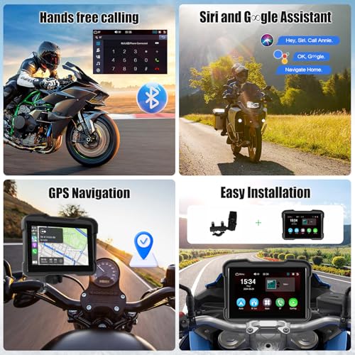 Image of Motorcycle GPS Navigation System with Wireless Carplay Android Auto 5 inch Moto CarPlay Screen with Dual Bluetooth, Navigation /Siri /G00gle Assistant Waterproof