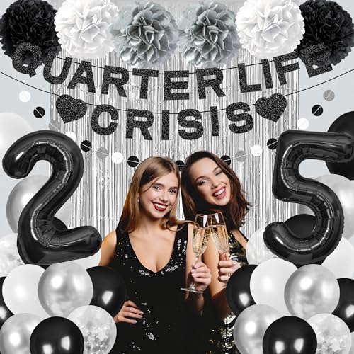 Image of Holkcog 25th Birthday Decoration for Women, Quarter Life Crisis to 25 Years Banner Black 25 Balloons Numbers Give Her Cheering 25th Birthday Gift 25th Birthday Party Supplies