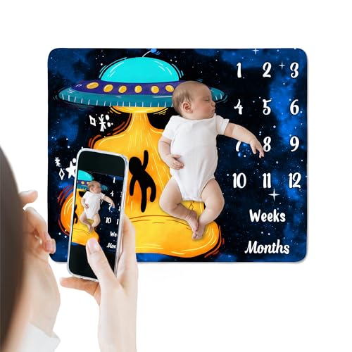 Image of UFO Baby Monthly Milestone Blanket, 48x48in Soft Flannel, Alien Round Spaceship, Newborn Mom Gifts, Baby Shower Age Growth Tracker with Bonus Maker (White Blue, 48x48in)