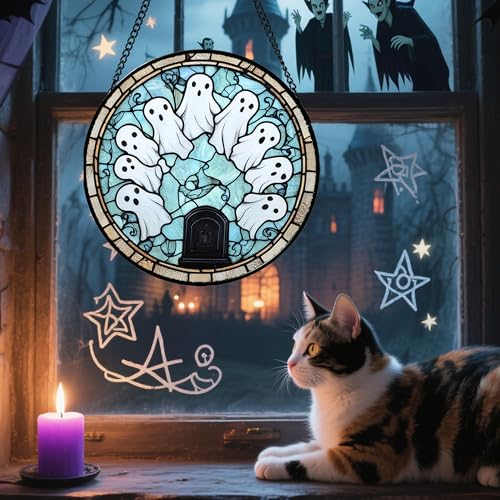 Image of Stained Glass Window Hanging - Halloween Decorations Ghosts Tombstones Suncatcher for Doors Garden Indoor Spooky Funny Sun Catchers Gothic Decor Horror Gifts for Women Men Friend 15 in