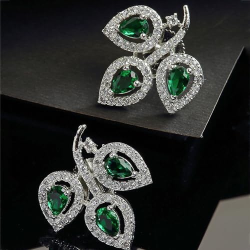 Leaf Shaped Rhodium Plated Diamond Stud Earring (Green)