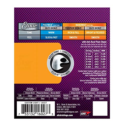 Encordoamento .011 Elixir 16027, para Violão Aço, Custom Light Phosphor Bronze Nanoweb