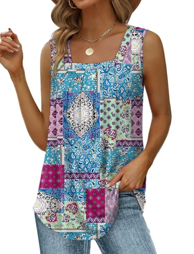 Image of Saloogoe Summer Tank Tops for Women Loose Fit Pleated Square Neck Sleeveless Tops Curved Hem Flowy