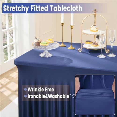 Image of Outpain 6ft Spandex Table Cloth for Standard Folding Tables-4Pack Navy Blue Table Cloth Table Protector for Party, Wedding, Cocktail, Banquet, Festival