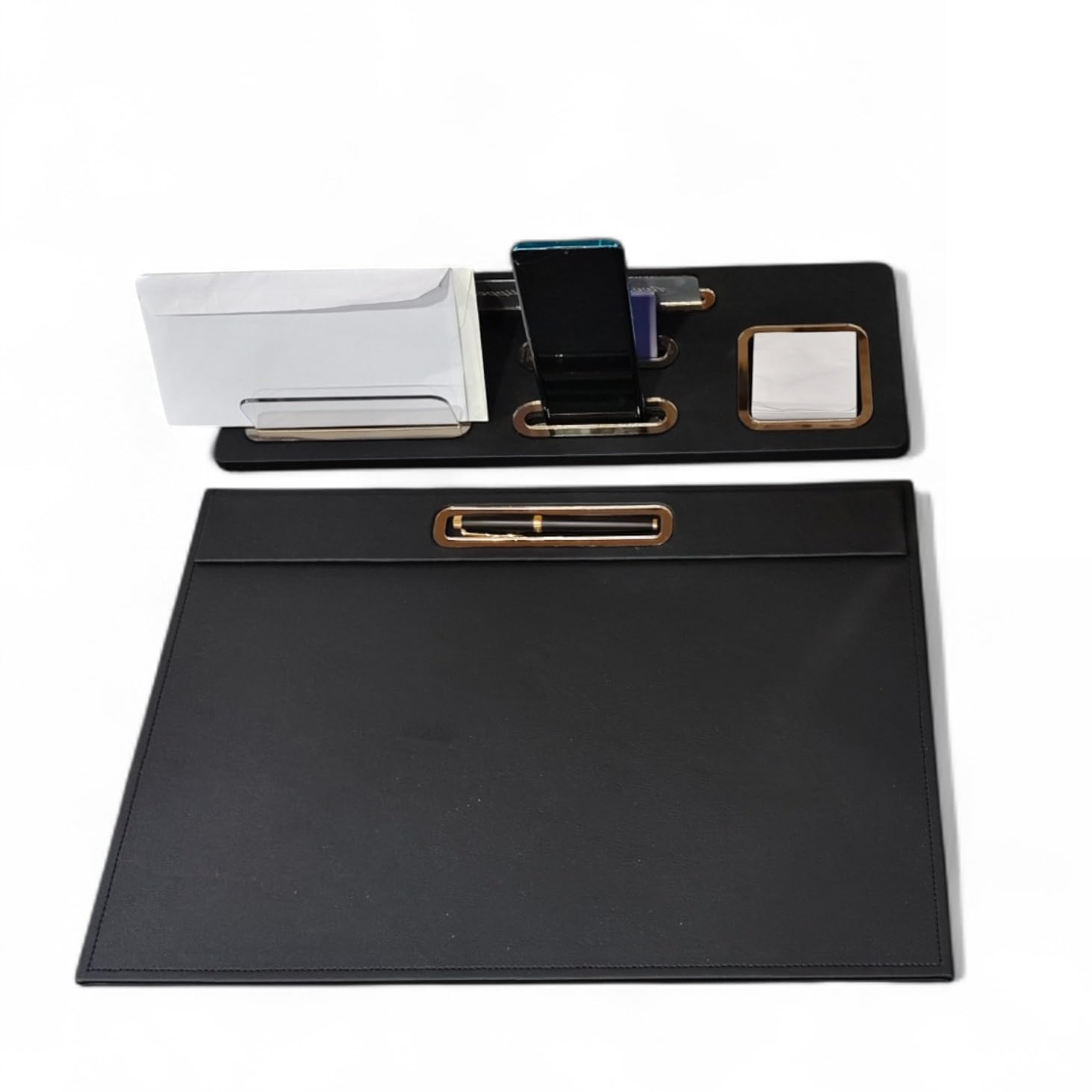 Oggettando Set Scrivania in eco pelle PU Nera, 5in1 Organizer con Supporto smartphone, Porta lettere, Porta bigliett, Portacarte ades, Cavaliere person, Sottomano Ufficio, Casa (ACRILICO BRONZO)