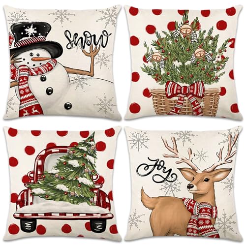 Christmas Cushion Covers Set Of 4 45x45 cm Pine Trees Reindeer Christmas Pillowcases Linen Sofa Cushions for Holiday Decorations Living Room Winter Xmas Decor
