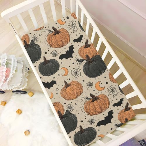 Image of Halloween Vintage Pumpkins Crib Sheets Soft Breathable Fitted Baby Crib Sheets Mattress Cover for Girls Boys, 52 inch x 28 inch x 9 inch